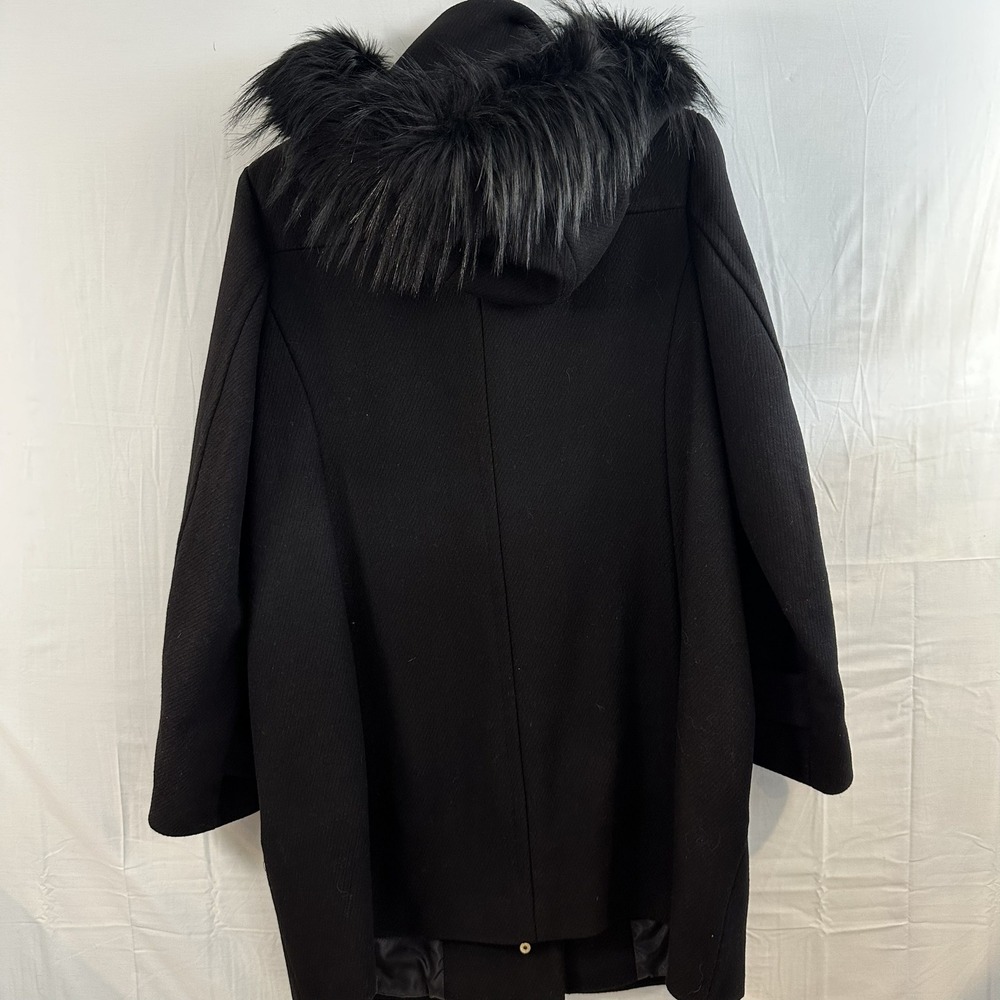 Cole Haan Signature Womens 1X Black Wool Blend Faux Fur Hooded Toggle Coat - Picture 2 of 3